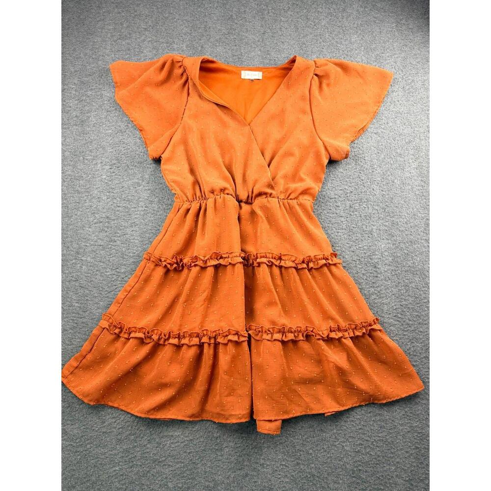 Altar'd State Women's S Orange Ruffle Tiered Mini Dress V-Neck Flutter Sleeve